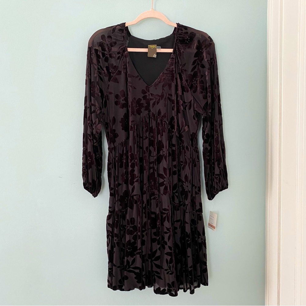 Taylor Dark Brown Floral Velvet long sleeve Dress
